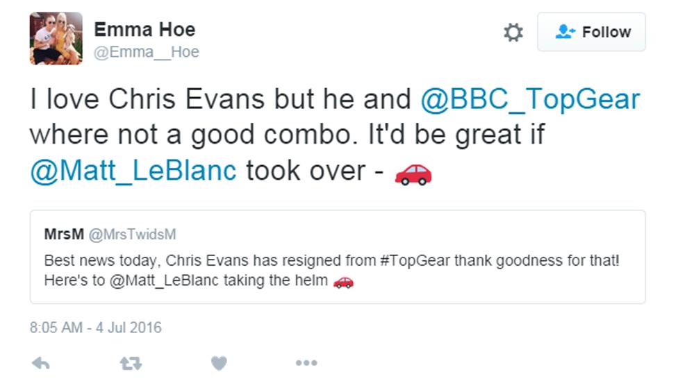 One fan tweeted 'I love Chris Evans but he and Top Gear were not a good combo. It'd be great if Matt LeBlanc took over.'