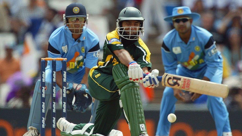 Saeed Anwar of Pakistan sweeps during his century during the ICC Cricket World Cup 2003 Pool A match between India and Pakistan held on March 1, 2003.