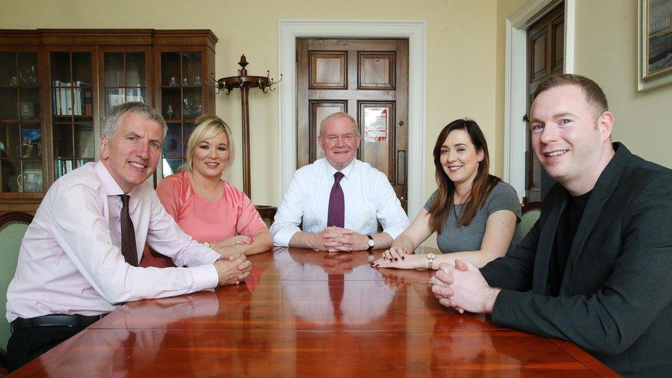 Martin McGuinness with Sinn Féin MLAs Máirtín Ó Muilleoir, Michelle O'Neill, Chris Hazzard and Megan Fearon