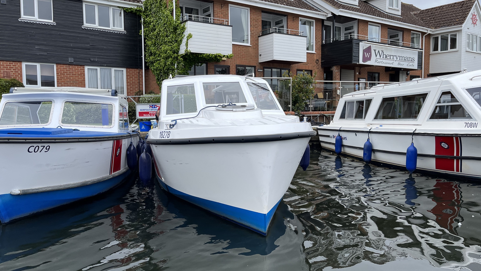 A fleet of day boats on the Broads, including an electric boat