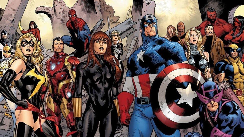 Line-up of superheroes, including Captain America, Spider-man and Iron Man, from Marvel Comics story Fear Itself