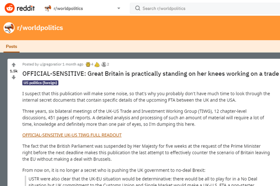 A picture of the post with the headline "OFFICIAL-Sensitive". The first line reads: "I suspect that this publication will make some noise, so that's why you probably don't have much time to look through the internal secret documents that contain specific details of the upcoming FTA between the UK and the USA."