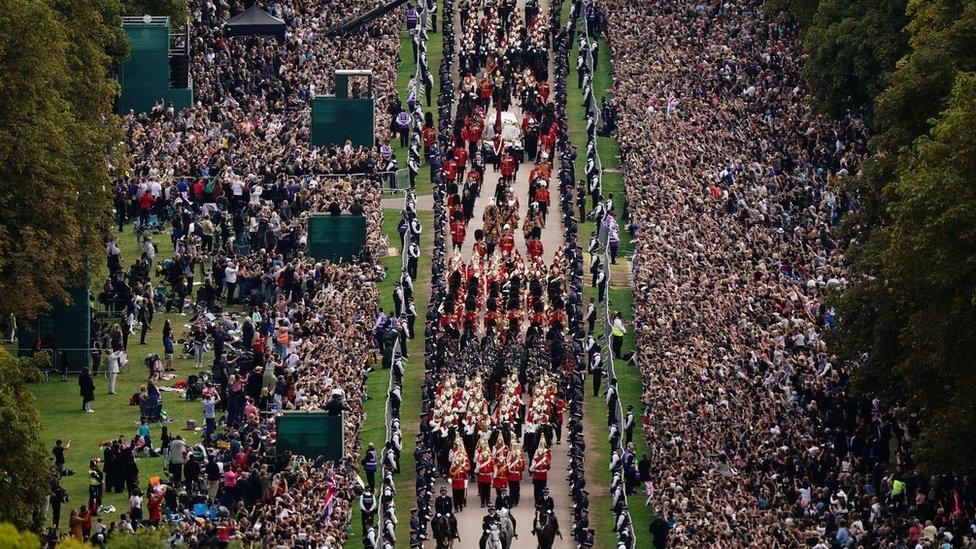 The Ceremonial Procession of the coffin of Queen Elizabeth II travels down the Long Walk as it arrives at Windsor Castle for the Committal Service at St George's Chapel.