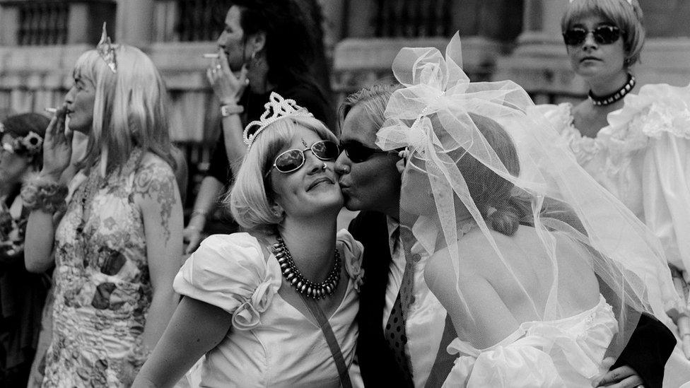 Women at the Gay Pride Mardi Gras parade in London, 3rd July 1999