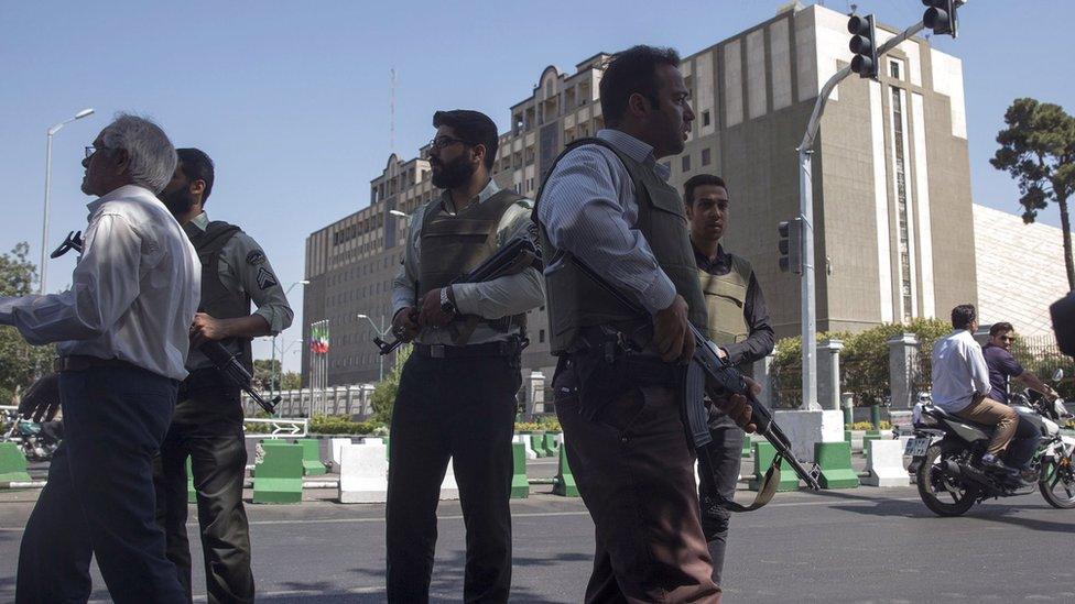 Police outside Iran's parliament following an attack by several gunmen on June 7, 2017 in Tehran, Iran