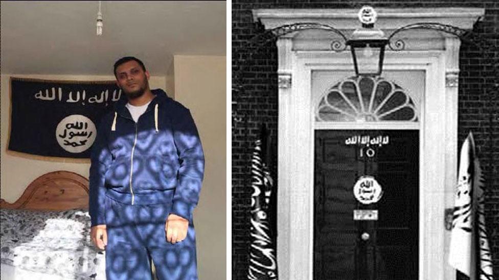 A picture of Junead Khan with a flag used by ISIS and a doctored image of Downing Street