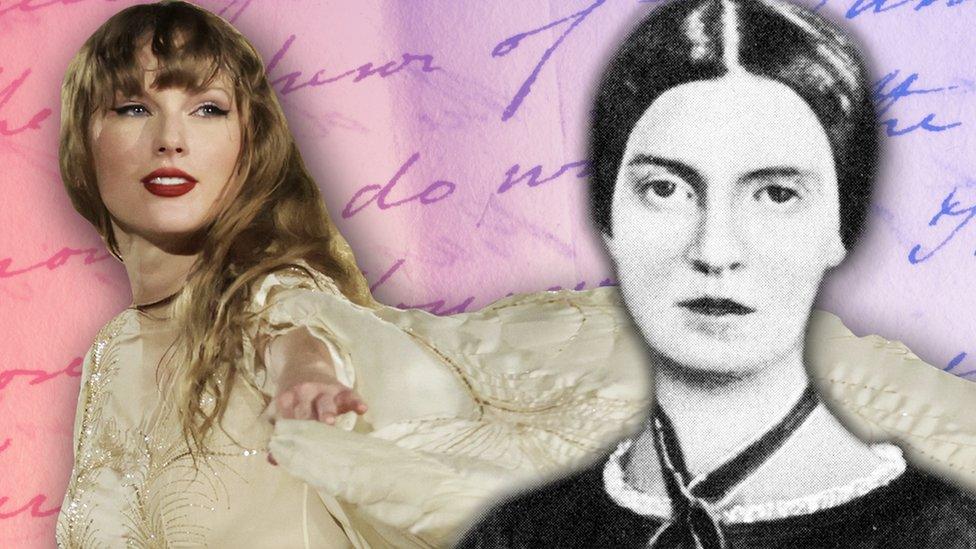 composite image shows taylor swift on the left and an archive picture of poet emily dickinson on the right