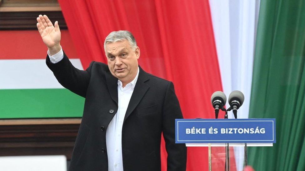 Hungarian Prime Minister Viktor Orban waves to supporters during the closing campaign session of the FIDESZ party, in Szekesfehervar, Hungary on April 1, 2022