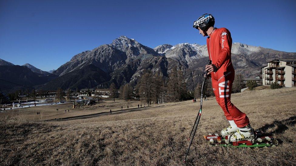 A man on grass skis (skis with wheels)