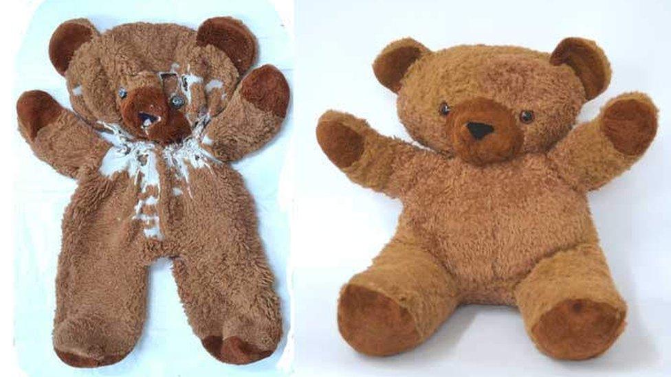 A bear before and after repair