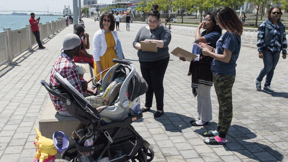 Students collecting data on Detroit waterfront