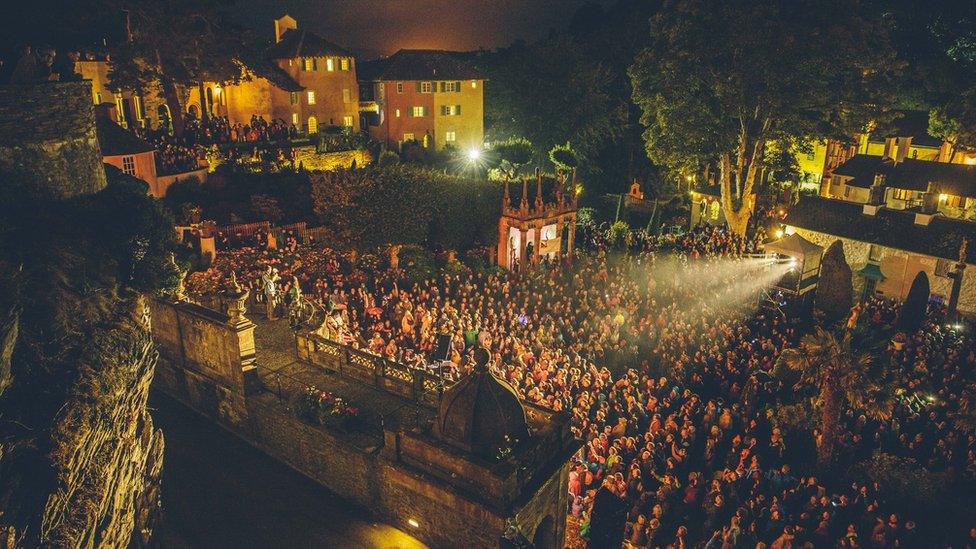 The Brythoniaid Welsh Male Choir performs at sunset Portmeirion Village, on the first day of Festival No 6.