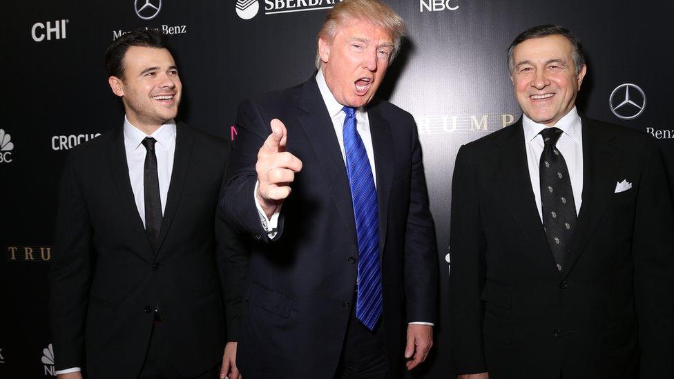 Emin Agalarov, Donald Trump and Aras Agalarov attend the Miss Universe Pageant 2013 in Moscow, Russia