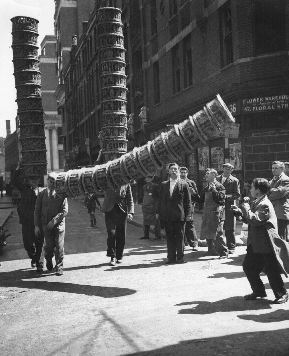 Albert Bailey of Highbury, London, basket race winner in the event held in 1939, came to a mishap.