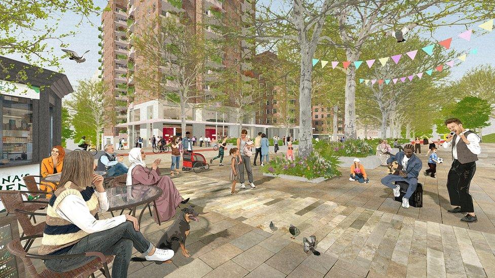 A computer generated image of what the public space within the proposed development will look like