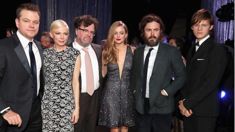 (L-R) Matt Damon, Michelle Williams, director Kenneth Lonergan, and actors Anna Katerina Baryshnikov, Casey Affleck, and Lucas Hedges