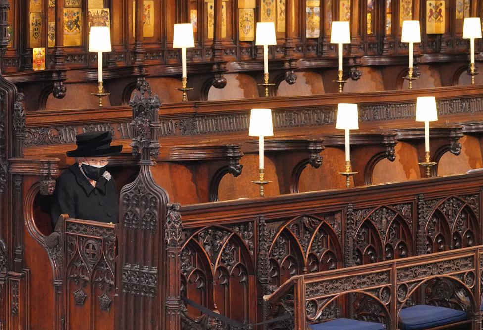 Queen Elizabeth II in her seat during the funeral of Prince Philip