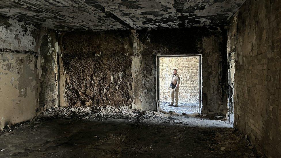 A room in a school building is almost completely destroyed by Russian shelling