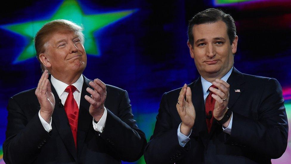 Republican presidential candidates Donald Trump (L) and Sen. Ted Cruz in Las Vegas, Nevada.