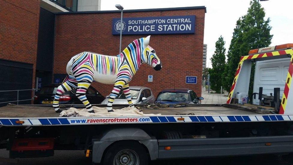 Gilbert on the back of a recovery lorry outside Southampton Police Station