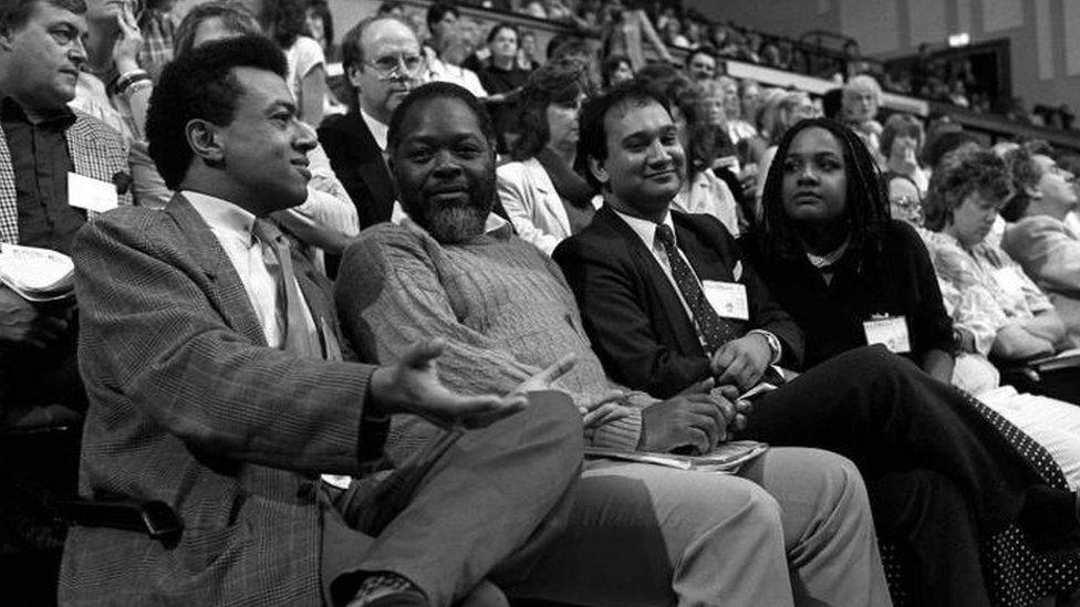 Diane Abbott sitting alongside Paul Boateng, Bernie Grant, Keith Vaz in 1987