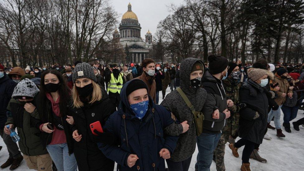 Supporters of the politician Alexei Navalny during a rally in St. Petersburg, Russia, 23 January 2021