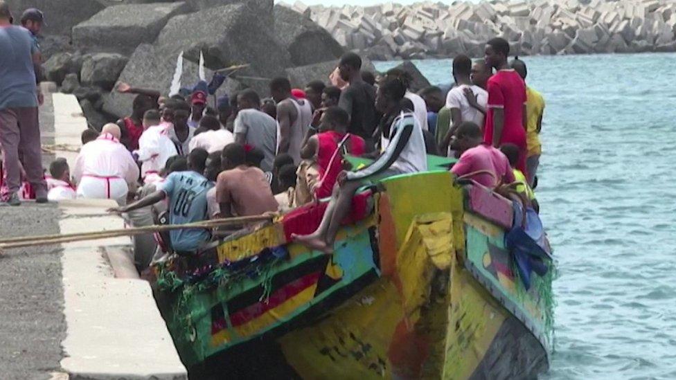 Migrants on a wooden boat on the island of El Hierro, Spain. Photo: 3 October 2023