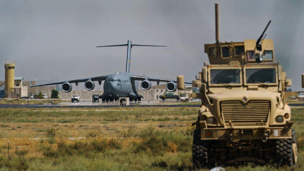 A view of the C-17 Globemaster prepares to take off in the Hamid Karzai International Airport in Kabul, Afghanistan, Sunday, 29 August 2021