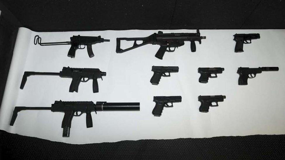 Guns‎ - The firearms discovered in a concealed compartment at the back of the Honda car.