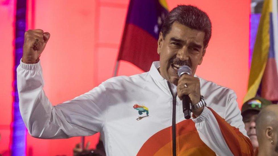 The president of Venezuela, Nicolas Maduro, speaks during a celebration event after the consultative referendum for El Essequibo, in Caracas, Venezuela, 03 December 2023