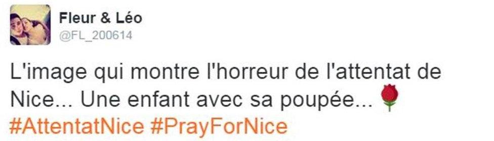 Tweet from user FL_200614 reads: "The image that shows the horror of the attack in Nice... A child and his doll"