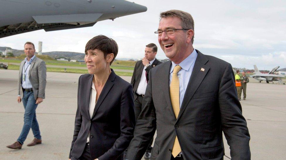 Norwegian Defence Minister Ine Eriksen Soereide (L) with US Defence Secretary Ash Carter at Bodo Airport in Bodo, Norway on 8 September 2016