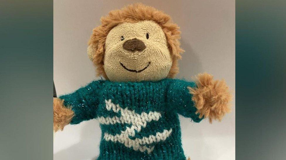 Monkey the teddy bear in a Network Rail jumper