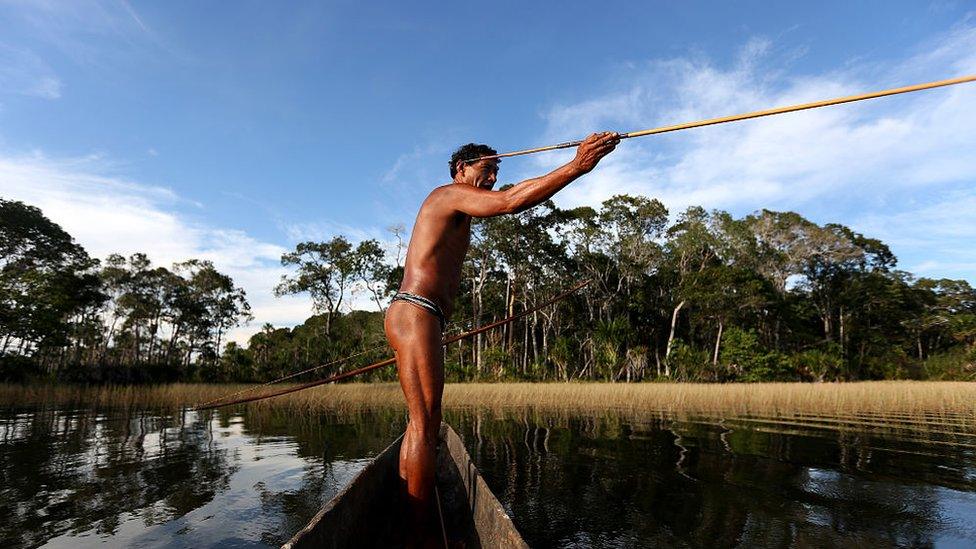 Hunter uses traditional bow and arrow in Amazon