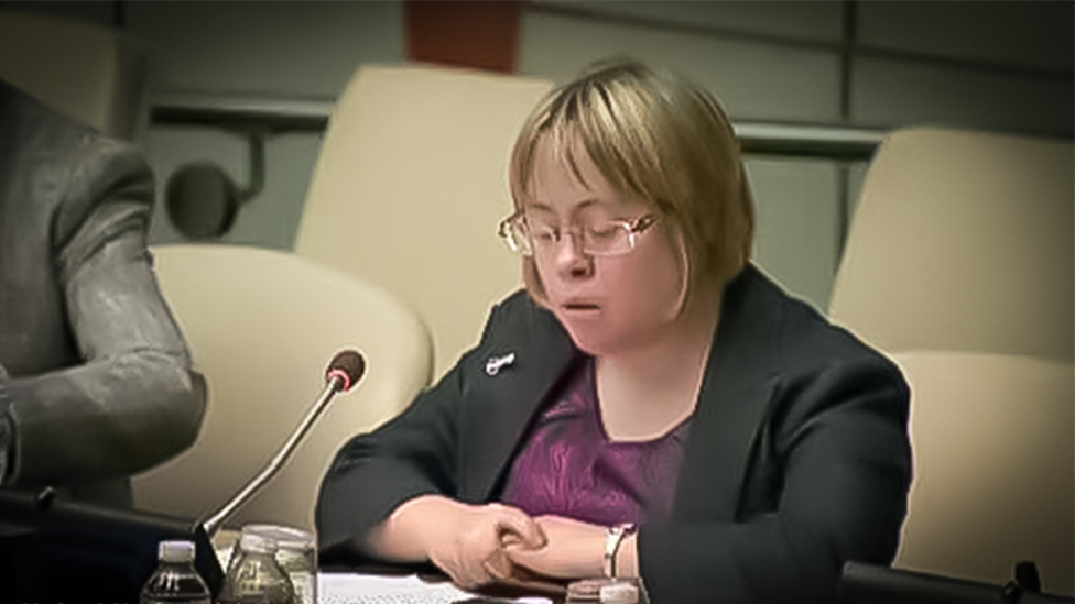 Sara Pickard speaking at the UN headquarters in New York