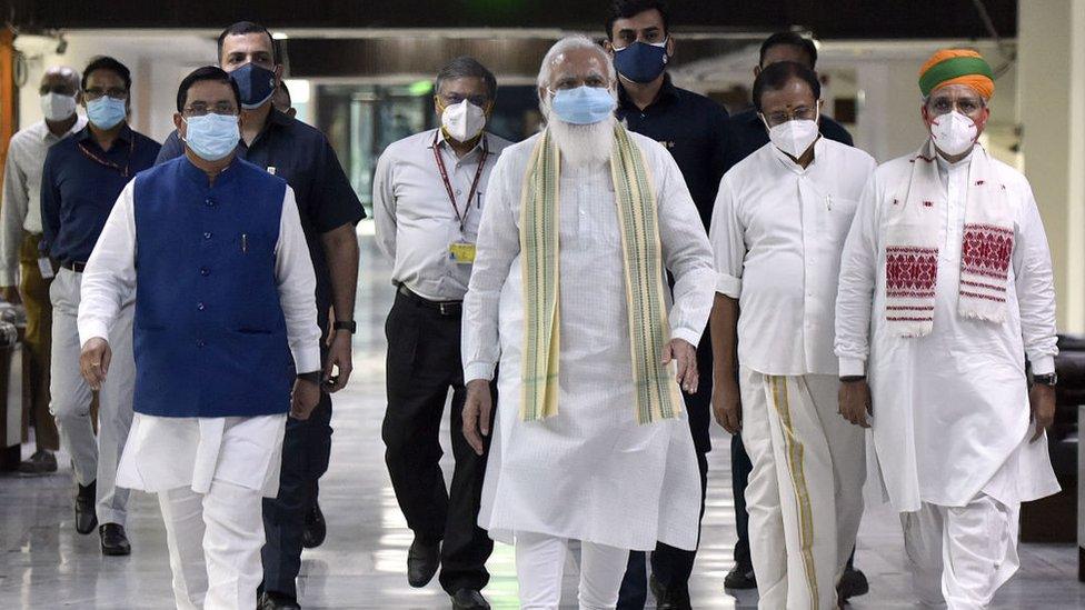 Prime Minister Narendra Modi with Union Ministers arrives to attend an all-party meeting, ahead of the parliament monsoon session.