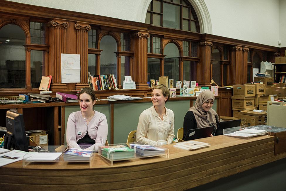 Volunteers Julie Lee (left) and Houida (right), with volunteer coordinator Gabrielle Macbeth (centtr) at the Glasgow Women's Library