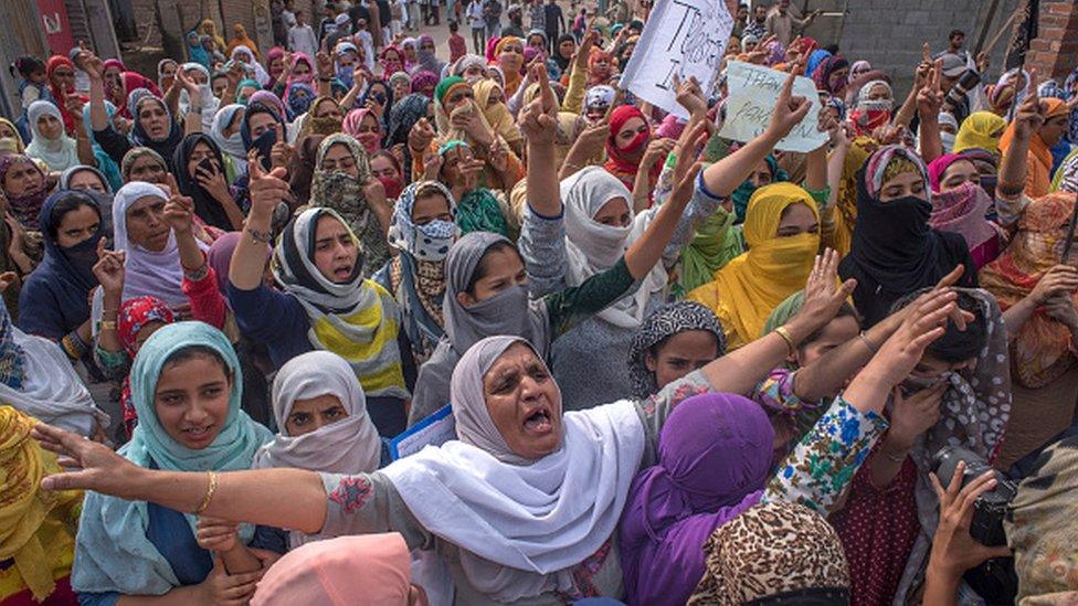 Kashmir Muslim women protesters during a India protest in Srinagar in 2019.