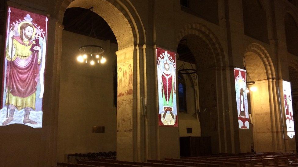 Wall painting projections at St Albans Cathedral