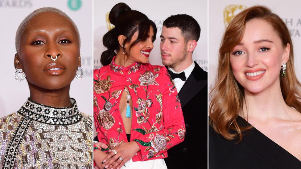 Left-right: Cynthia Erivo, Priyanka Chopra Jonas, Nick Jonas and Phoebe Dynevor on the Bafta red carpet