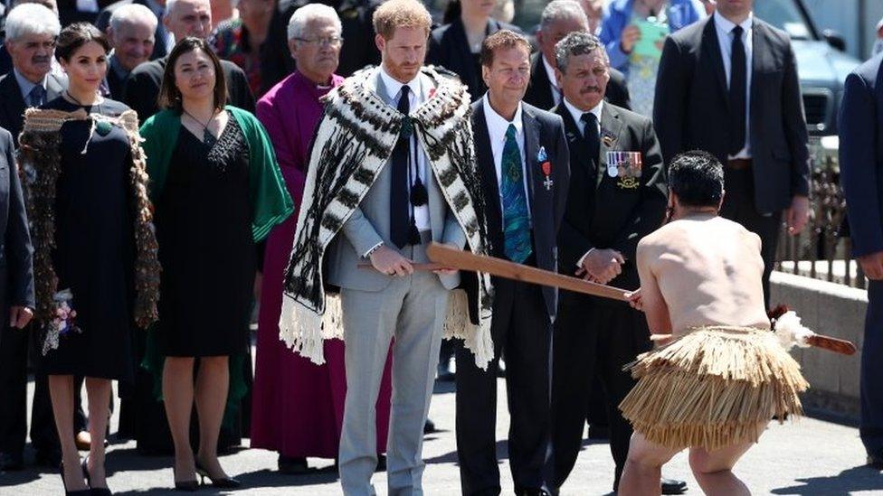 Prince Harry, Duke of Sussex and Meghan, Duchess of Sussex attend a formal powhiri welcome at Te Papaiouru Marae in on October 31, 2018 in Rotorua, New Zealand