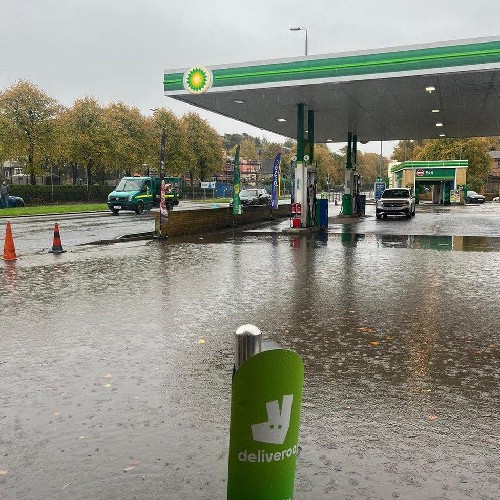 Flooded petrol station