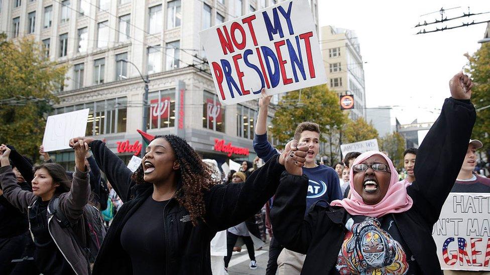 Protesters chant "not my president" in New York city