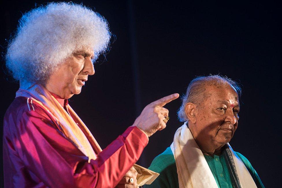 Flute Maestro Pandit Hariprasad Chaurasia and Santoor Legend Pandit Shivkumar Sharma during the 11th Bansuri Utsav at Ravindra Natya Mandir, Prabhadevi on October 14, 2018 in Mumbai, India.