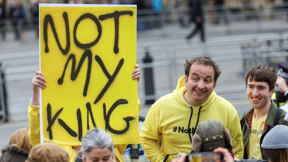 Graham Smith, a member of a Republic, at a anti-monarchy protest prior to the Commonwealth Service, outside Westminster Abbey in London, Britain.