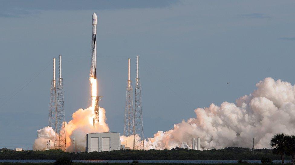 A SpaceX Falcon 9 rocket lifts off carrying 60 Starlink satellites on November 11, 2019