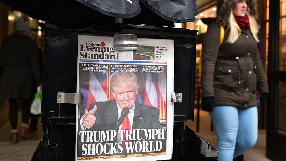 A copy of London's Evening Standard newspaper featuring a photograph and story about U.S President-elect Donald Trump