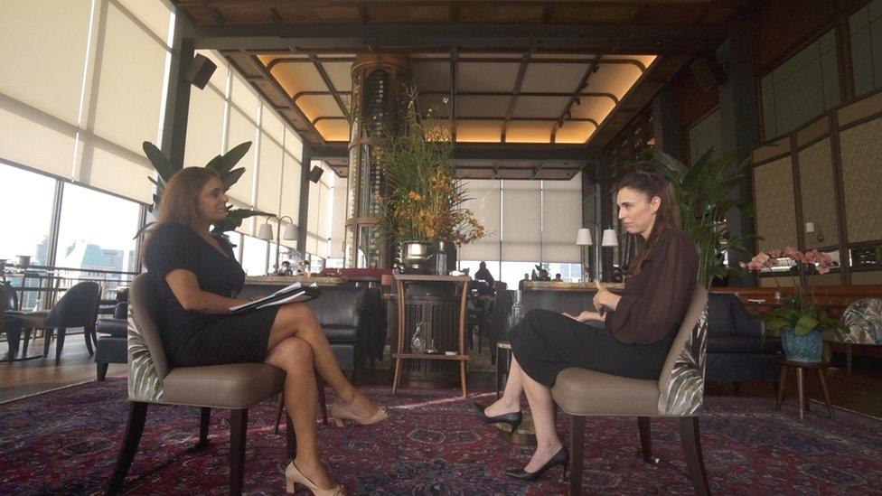 Karishma Vaswani (left) and Jacinda Ardern