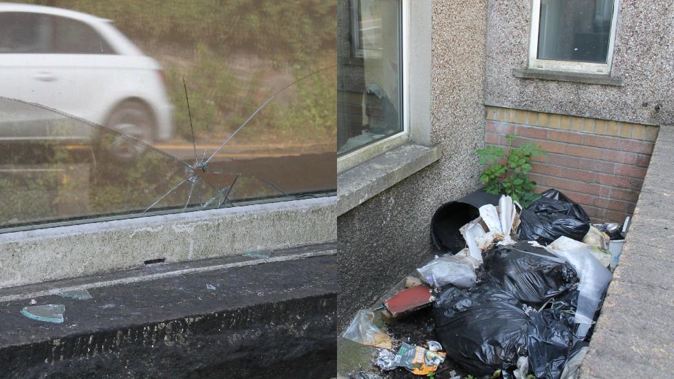 Comp picture of broken window and rubbish on Hafodyrynys