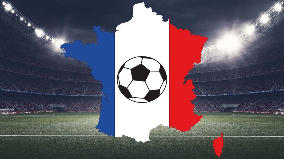 football stadium with cartoon france map and football